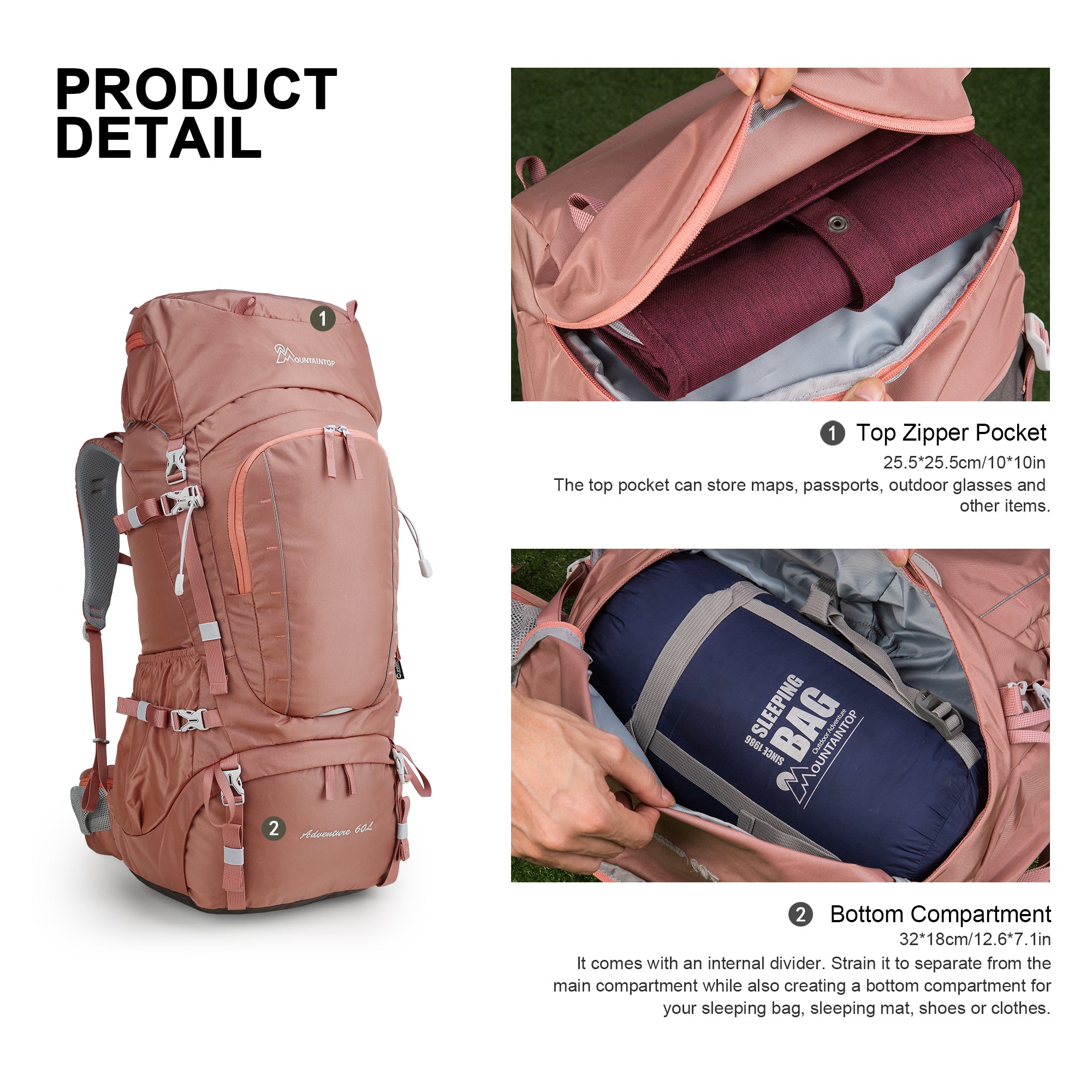 MOUNTAINTOP® 60L Women's Trekking Backpack with Rain Cover - mountaintopoutdoor