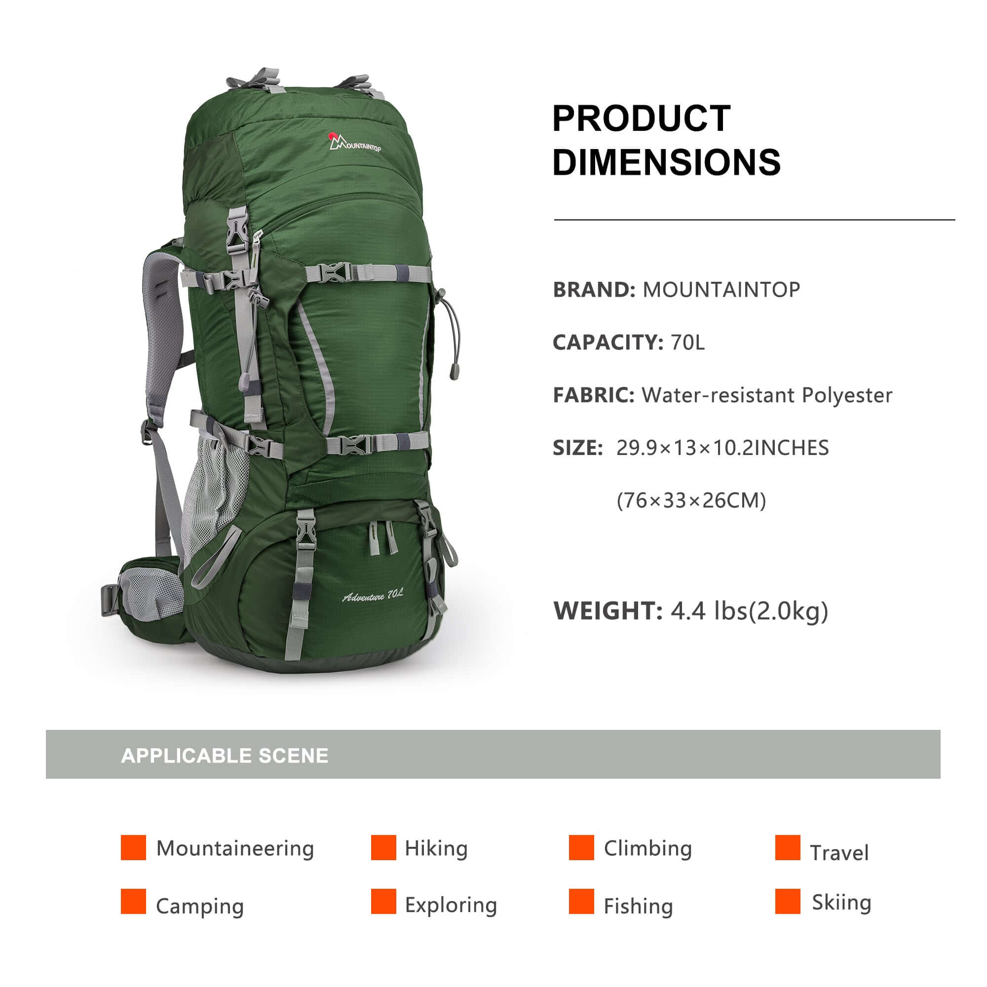 MOUNTAINTOP® 70L Internal Frame Backpack with Rain Cover - mountaintopoutdoor