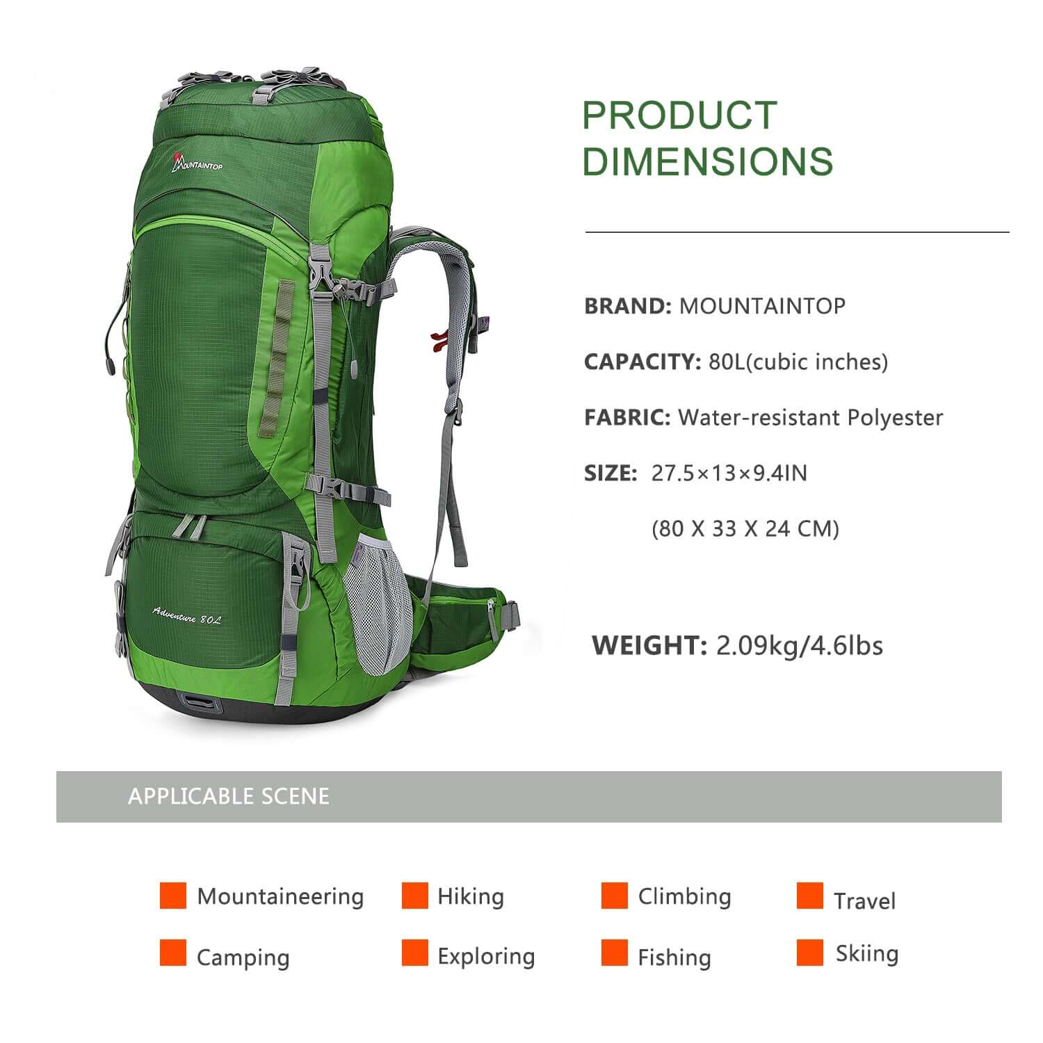  MOUNTAINTOP 80L Internal Frame Hiking Backpack for Man & Women  Backpacking with Rain Cover DarkGreen : Sports & Outdoors